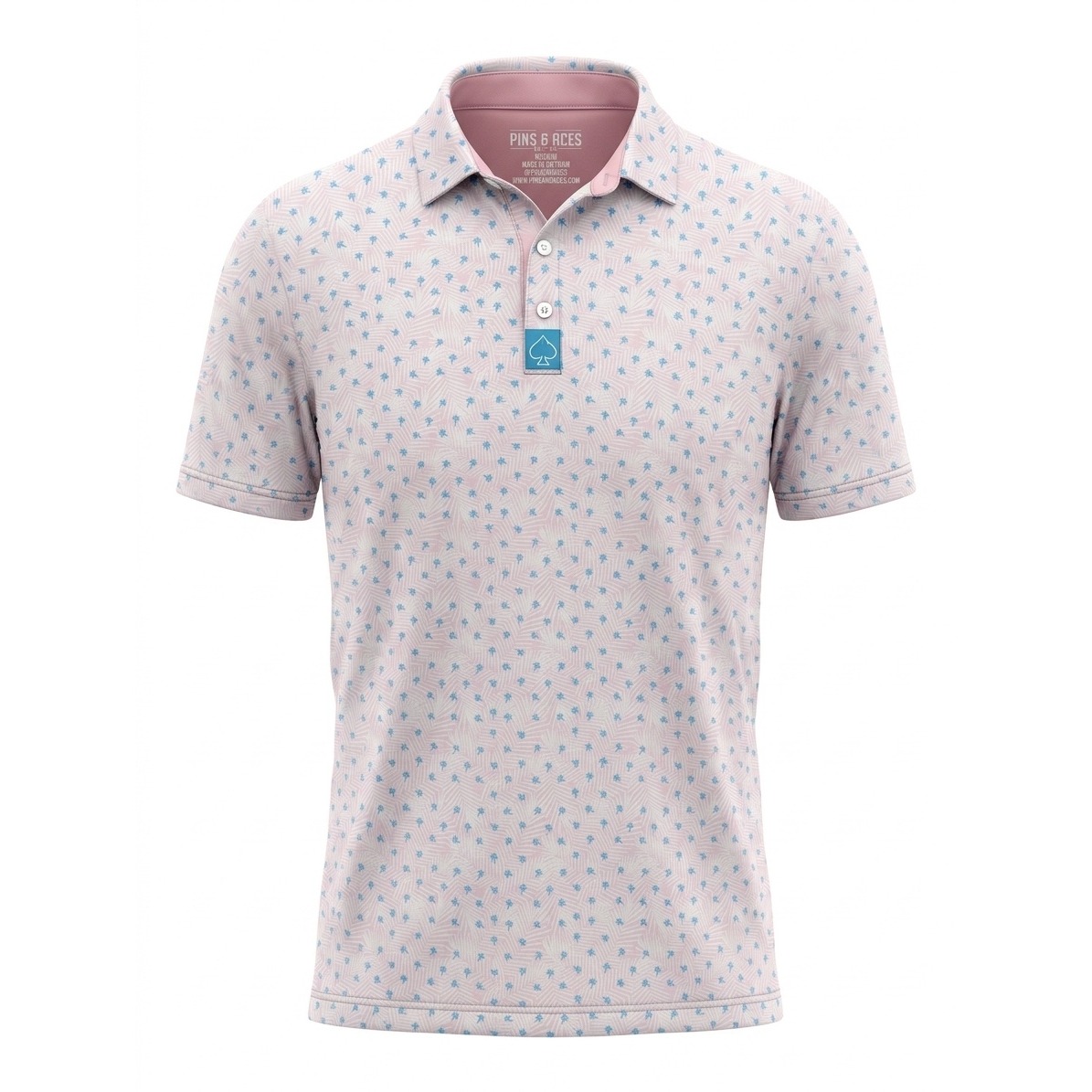 Pins & Aces Mens Pink Blue Palm Tree Golf Performance Polo Shirt Medium 01164